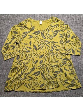 Cotton Lani Floral Leaf Print Tunic Top Women's XL Olive Green Made in USA